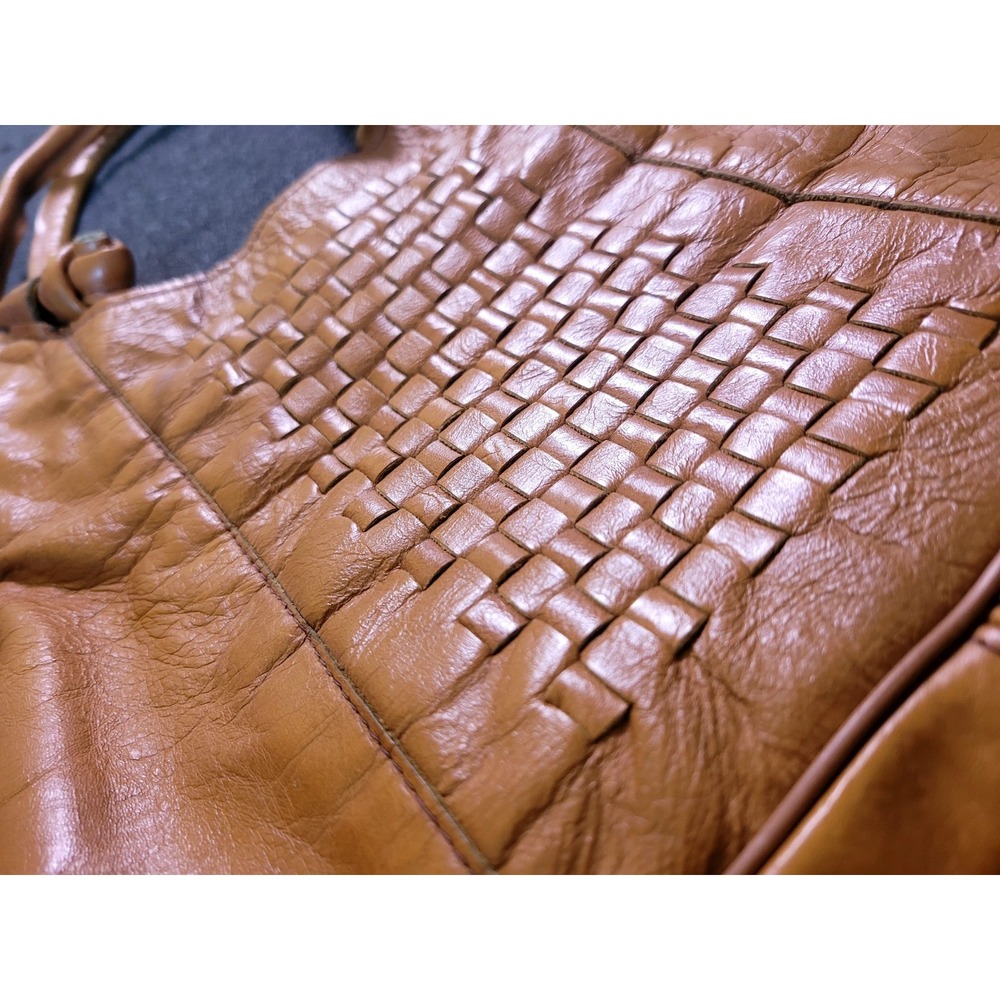 Vintage 60s 70s Brown Leather Woven Shoulder Bag Purse Brown Fall Don Quixote - Picture 7 of 16